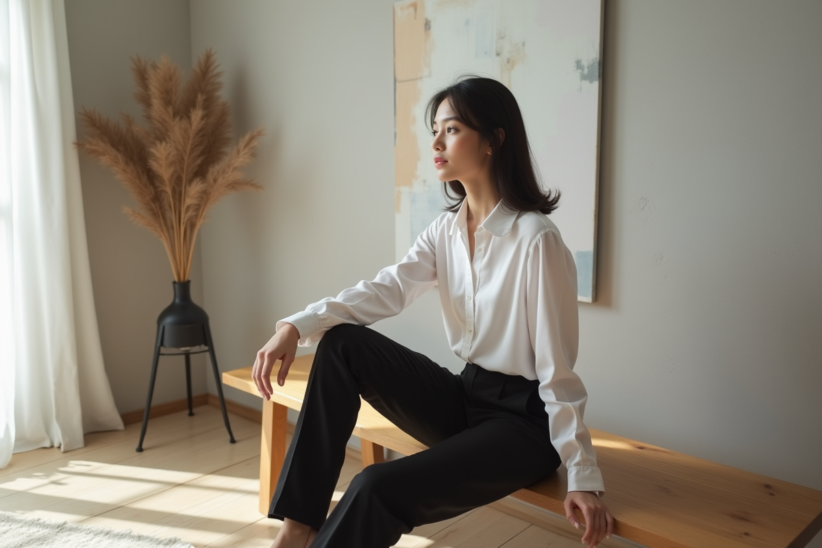 Jeune femme en blanc et noir dans un salon scandinave