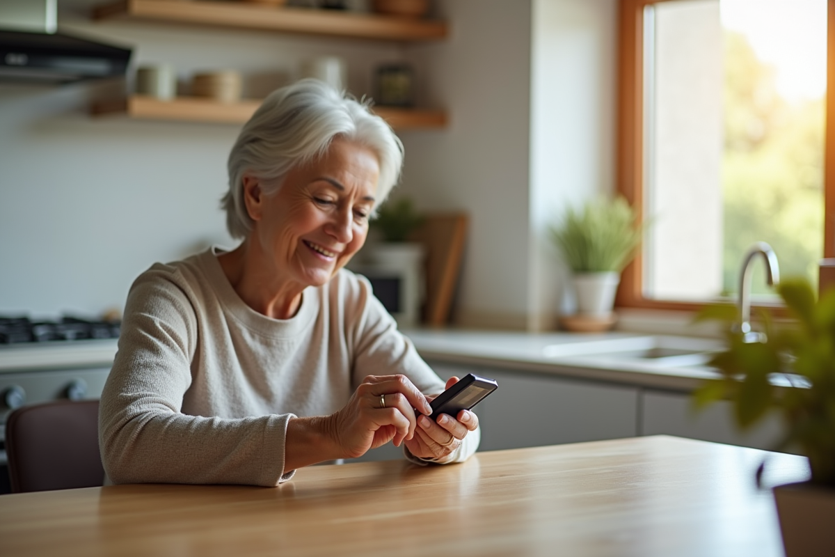 Femme senior vérifiant sa glycémie dans la cuisine