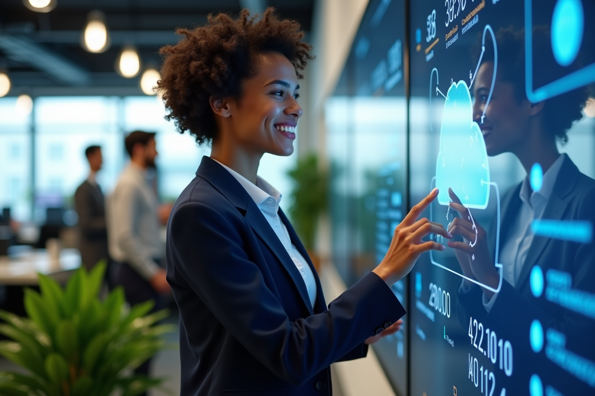 Jeune femme en informatique utilisant un écran tactile
