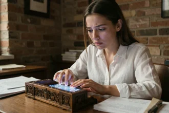 Jeune femme fascinée par son smartphone posé à côté d'une boîte ancienne entrouverte, métaphore des réseaux sociaux et de la boîte de Pandore