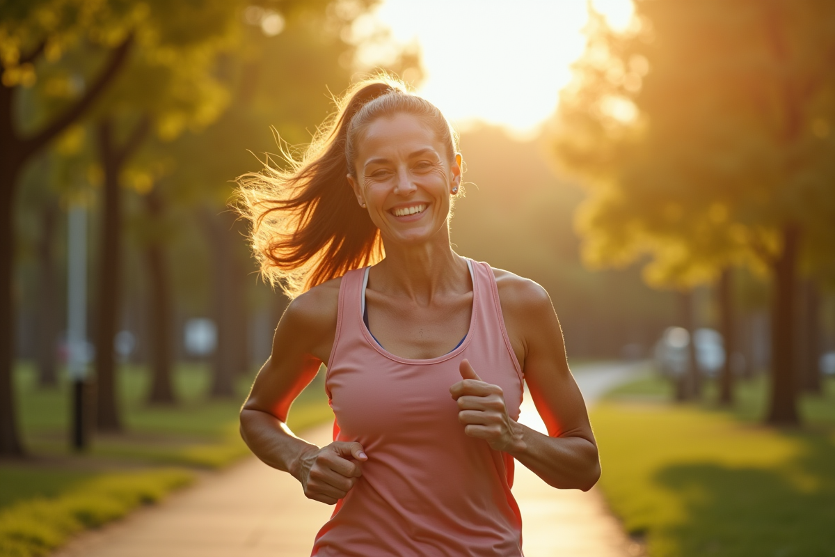 Femme souriante en tenue de sport marchant dans un parc urbain ensoleille