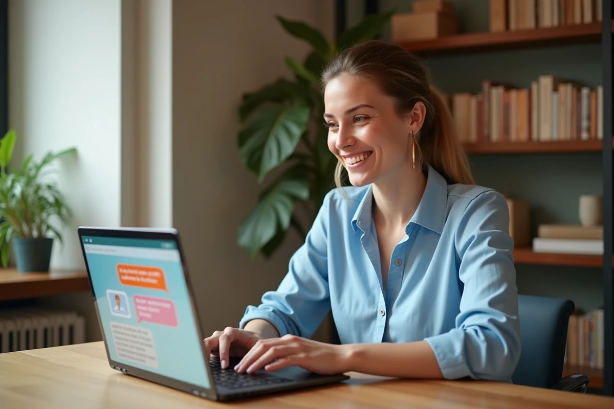 Femme utilisant un chat en ligne sur son ordinateur portable dans un bureau à domicile cosy, illustrant le tchat de Chérie FM en 2026