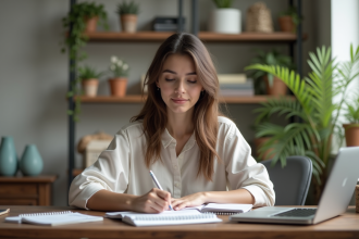 Jeune femme concentrée travaillant dans un bureau moderne