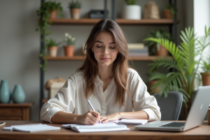 Jeune femme concentrée travaillant dans un bureau moderne