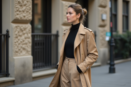 Femme élégante en trench beige dans une rue urbaine