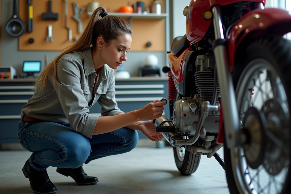 Femme vérifiant la pression des pneus de la moto Yamaha Dax