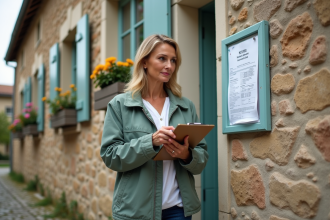 Femme en vêtements printaniers examine une affiche dans un village français