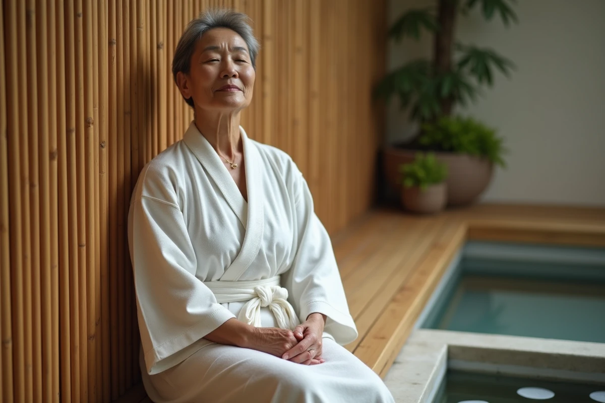 Femme japonaise en yukata blanc se relaxant dans un espace de soins thermaux traditionnel aux murs en bambou