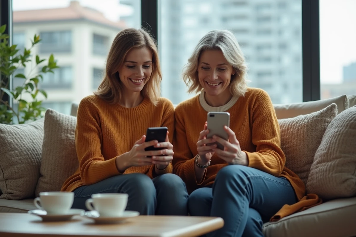 Deux femmes jouant à la belote en ligne ensemble sur smartphone dans un salon moderne