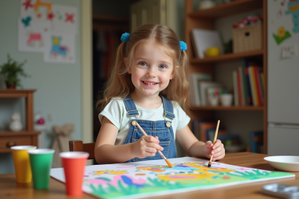 Jeune fille souriante en overalls peignant un tableau coloré