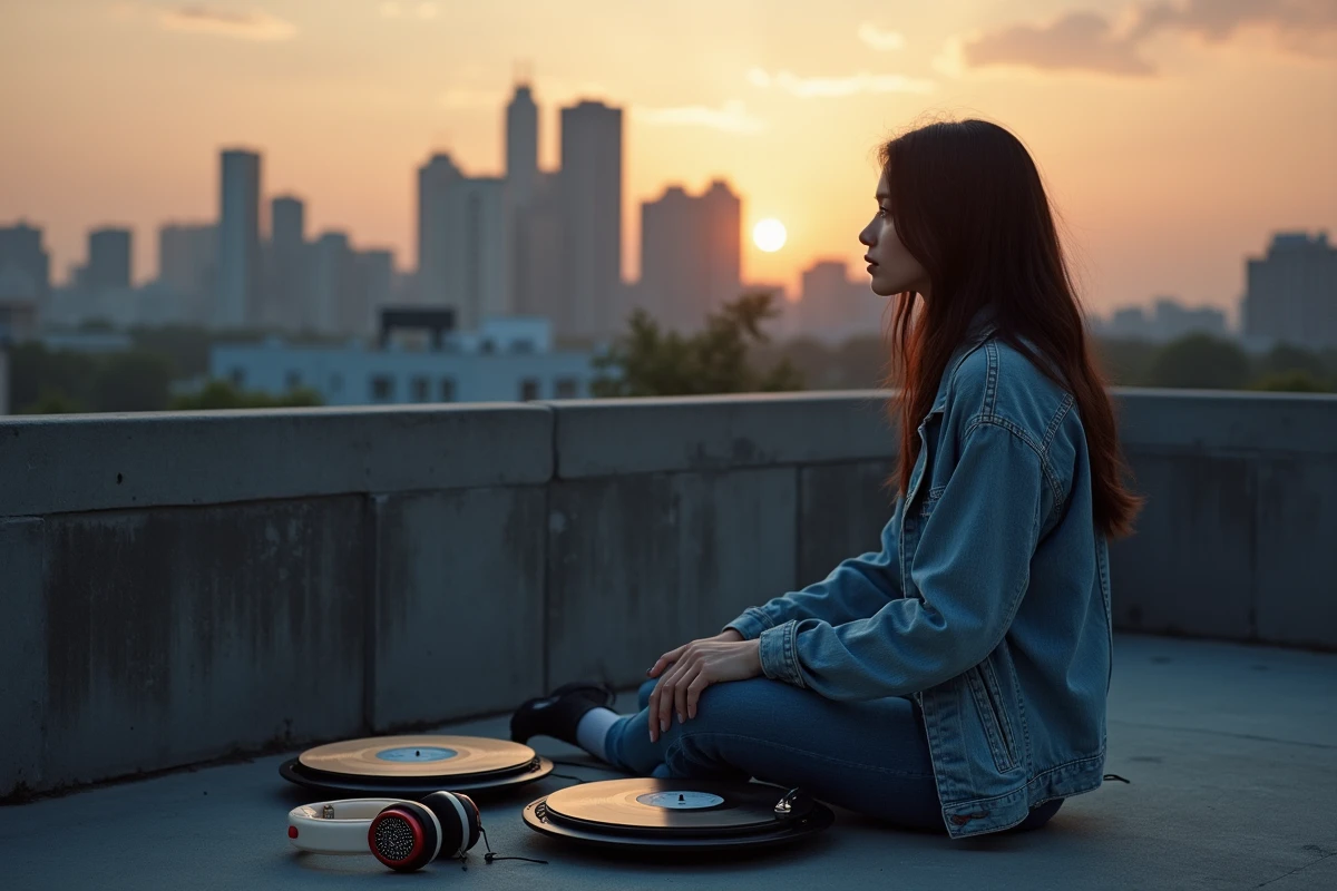 Jeune femme sur un toit de ville avec vinyles et casque