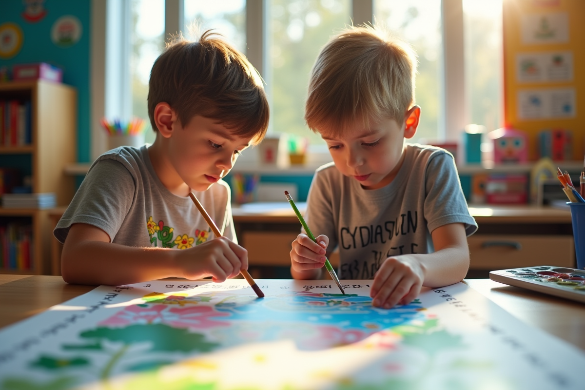 Deux garçons en classe collaborant sur un tableau de peinture
