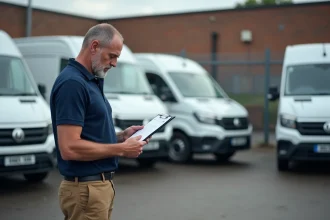 Gestionnaire de flotte automobile inspectant des véhicules utilitaires blancs dans un dépôt logistique d'entreprise