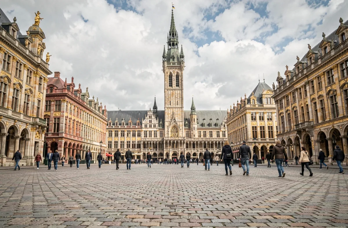 La Grand-Place de Bruxelles vue à hauteur de piéton avec l'Hôtel de Ville et les maisons des corporations