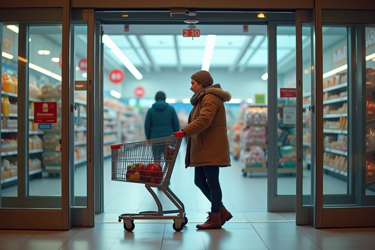 Femme faisant ses courses dans une grande surface ouverte le 25 décembre, allées quasi vides et décoration de Noël discrète