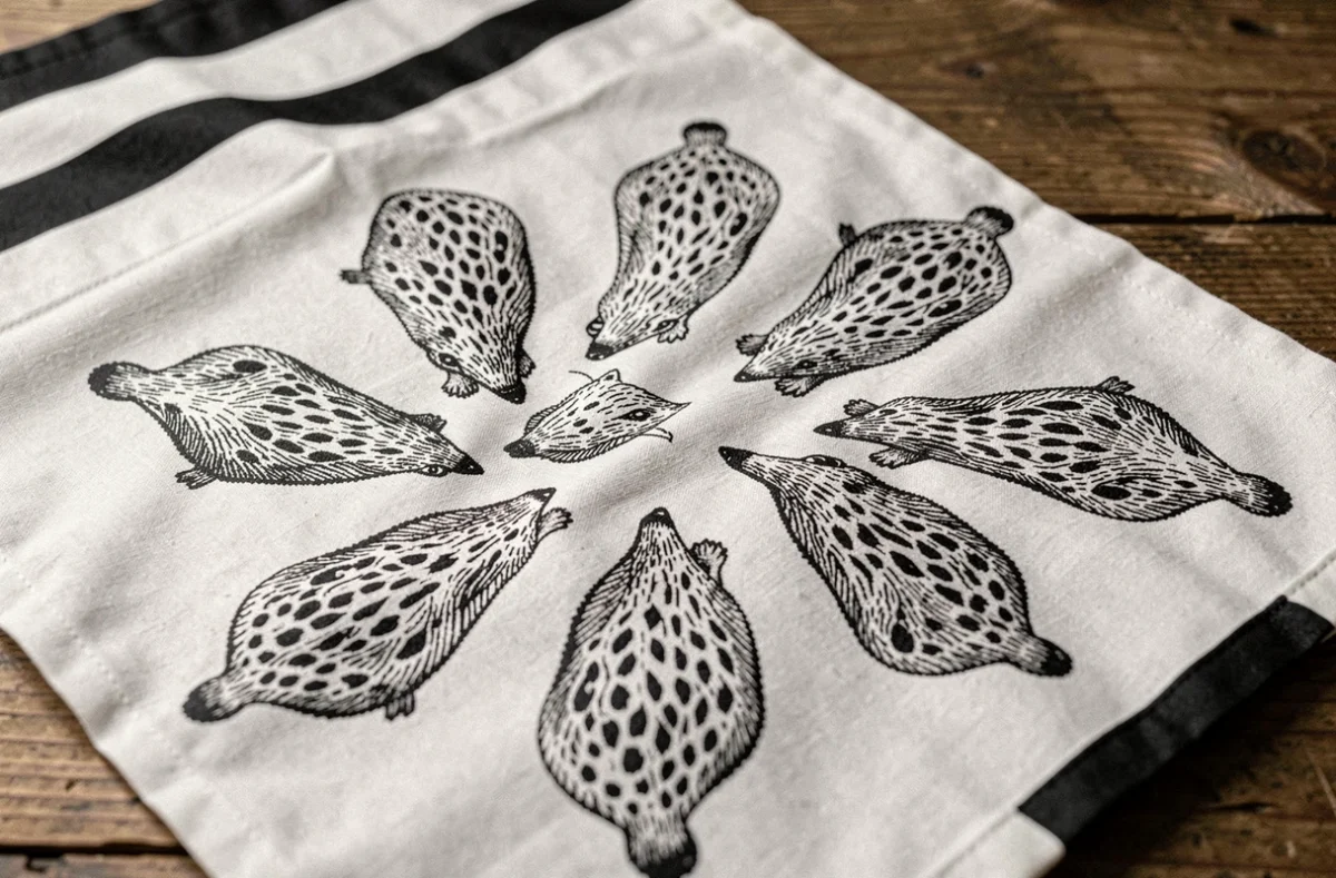 Gros plan sur les hermines du drapeau breton Gwenn ha Du posé sur une table en bois rustique