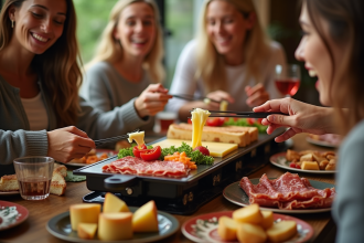 Groupe d'amis dégustant une raclette conviviale en intérieur