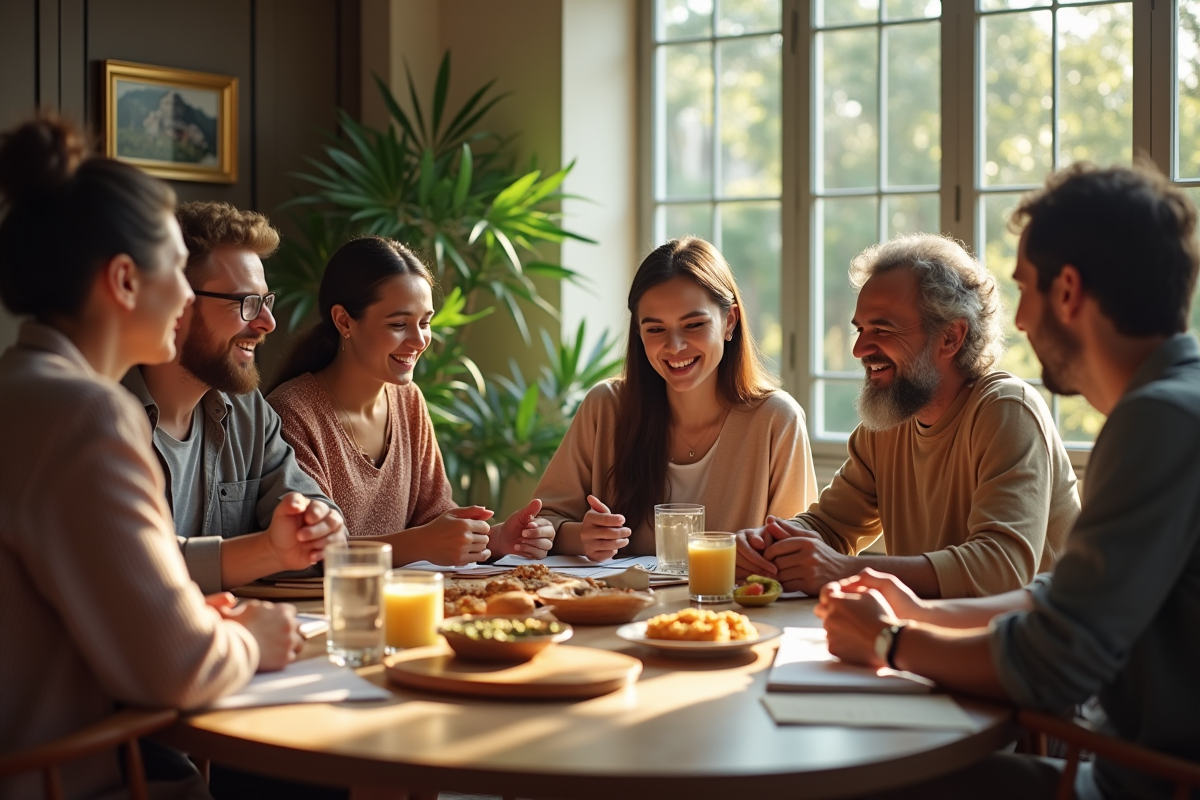 Groupe diversifié autour d'une table avec livres et nourriture