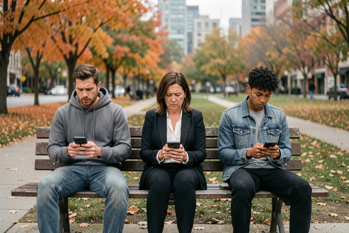 Groupe de personnes isolées sur un banc de parc chacune absorbée par son smartphone, illustrant la dépendance aux réseaux sociaux