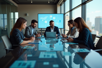 Groupe de professionnels en réunion autour d'une table moderne