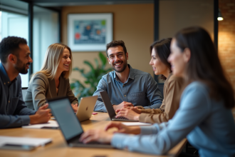 Groupe de professionnels en réunion digitale collaborative