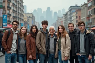 Groupe de jeunes et seniors dans une rue urbaine animée