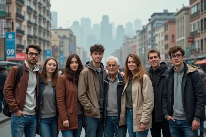 Groupe de jeunes et seniors dans une rue urbaine animée
