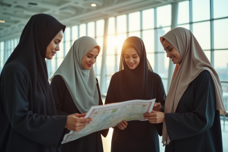 Groupe de voyageurs musulmans à l'aéroport en consultation