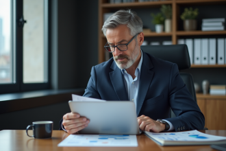 Homme d'affaires en costume bleu dans un bureau moderne