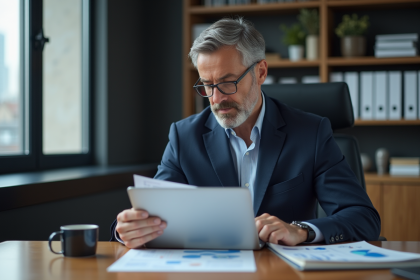 Homme d'affaires en costume bleu dans un bureau moderne