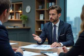 Homme d'affaires confiant présentant des graphiques à des investisseurs