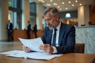 Homme d'affaires en costume dans une banque moderne