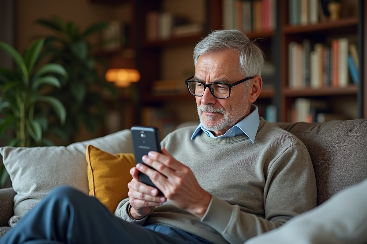 Homme âgé utilisant un assistant AI dans son salon