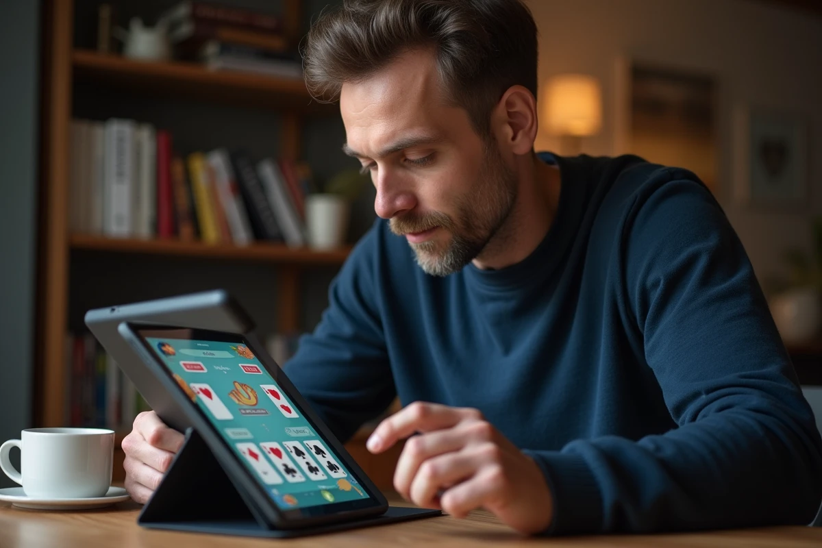 Homme jouant à la belote coinchée en ligne sur une tablette à table