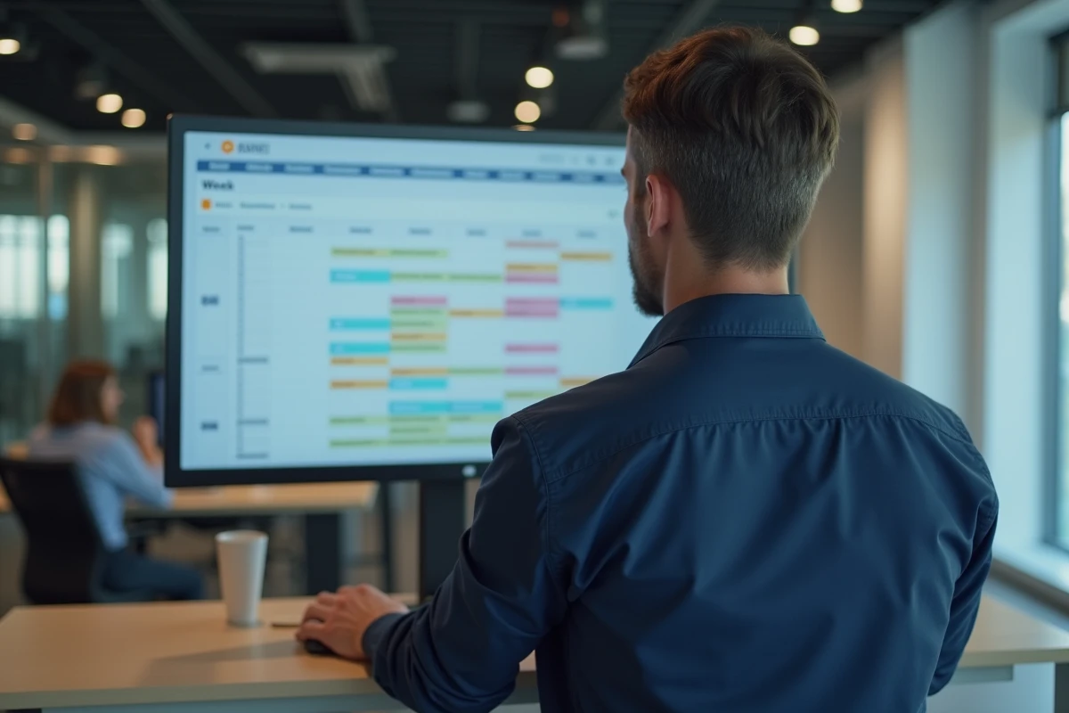 Homme en entreprise consultant un agenda numérique avec numéros de semaines paires et impaires affiché sur grand écran tactile