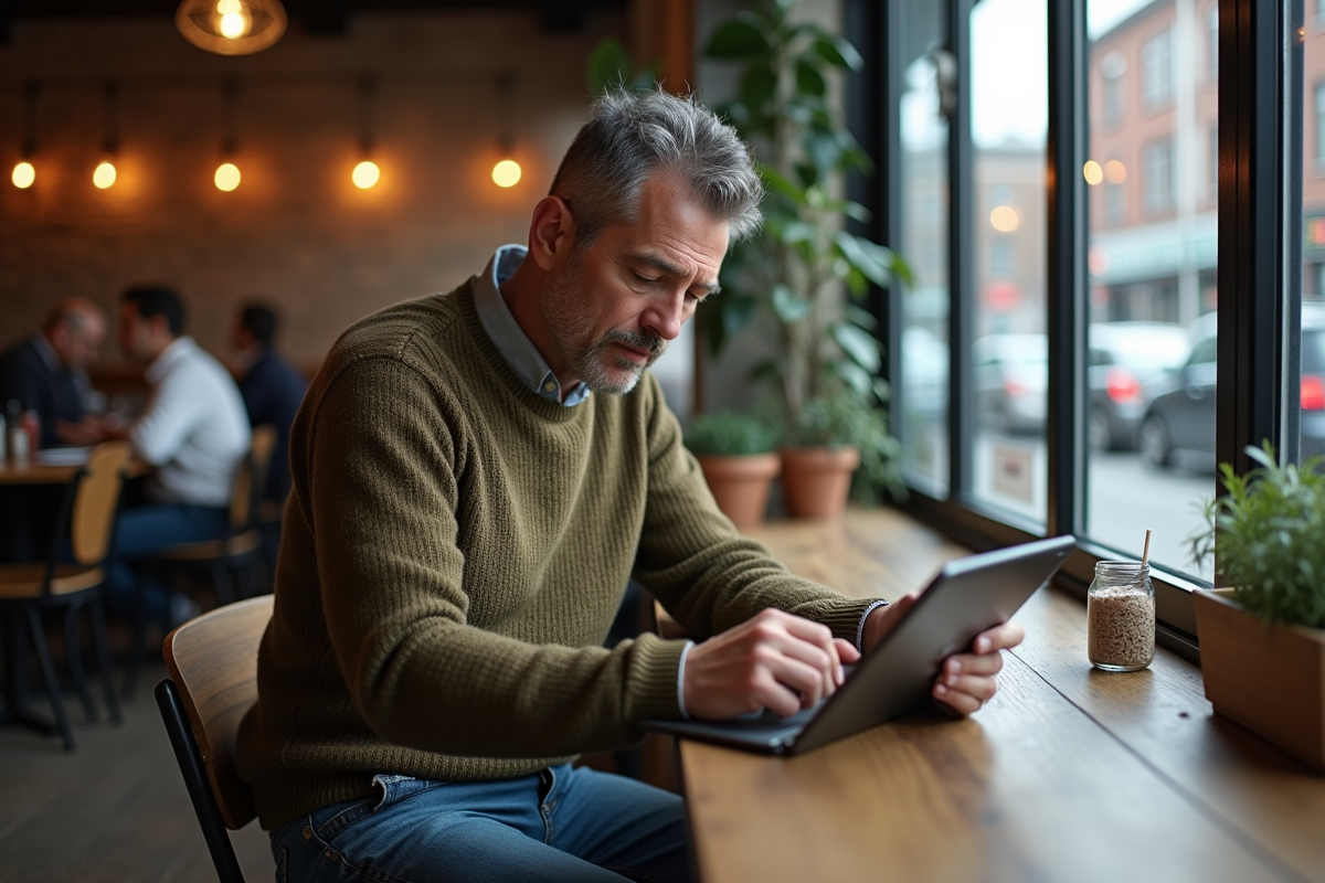 Homme au café compare deux tablettes en extérieur
