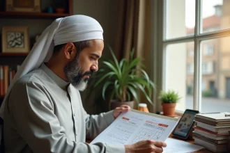 Homme consultant un calendrier de prière islamique avec dates hijri et grégoriens à Livry-Gargan