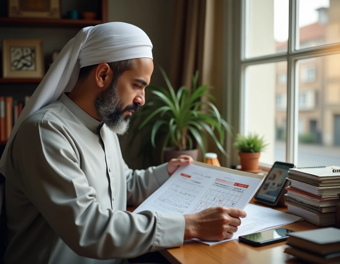 Homme consultant un calendrier de prière islamique avec dates hijri et grégoriens à Livry-Gargan