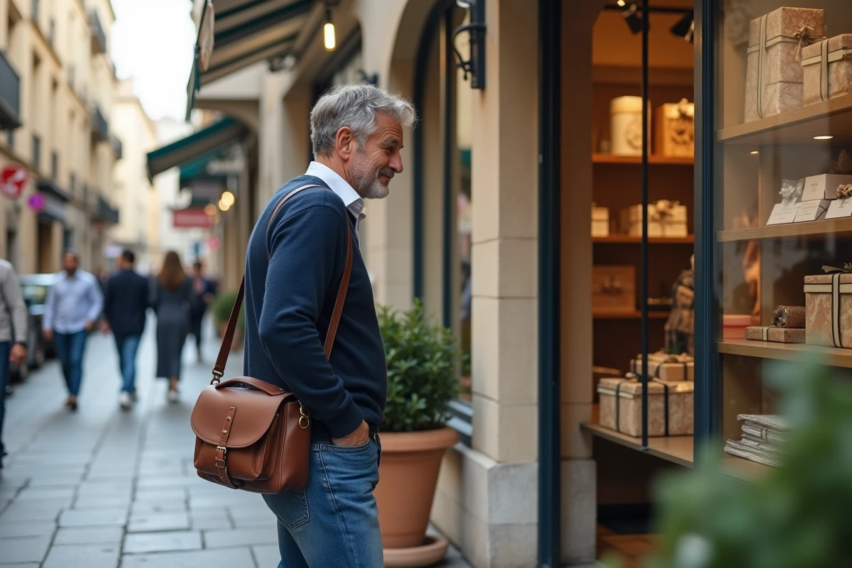 Homme regardant un cadeau dans la vitrine à Montpellier