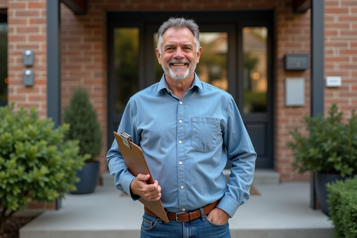 Homme souriant avec clés devant un immeuble résidentiel urbain