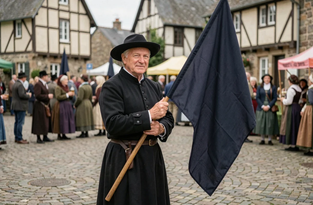 Homme en costume breton traditionnel tenant le drapeau Gwenn ha Du lors d'une fête bretonne en place de village