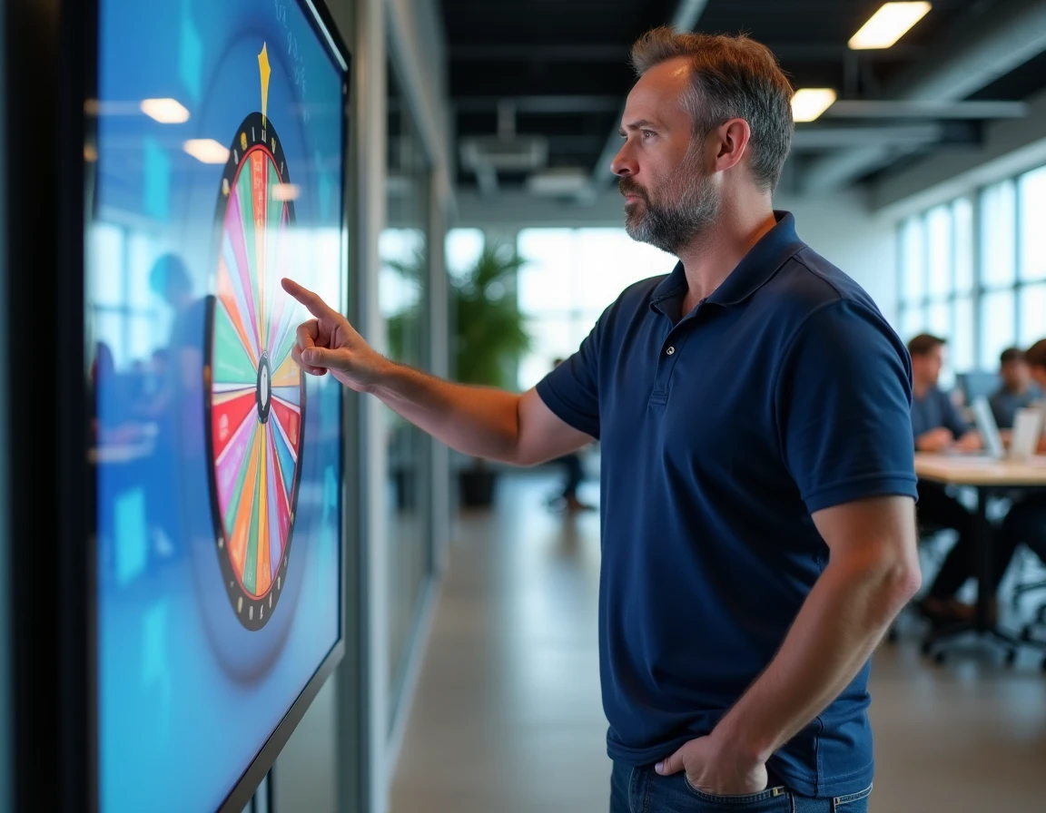 Homme évaluant son éligibilité à la roue de la fortune sur un écran tactile interactif