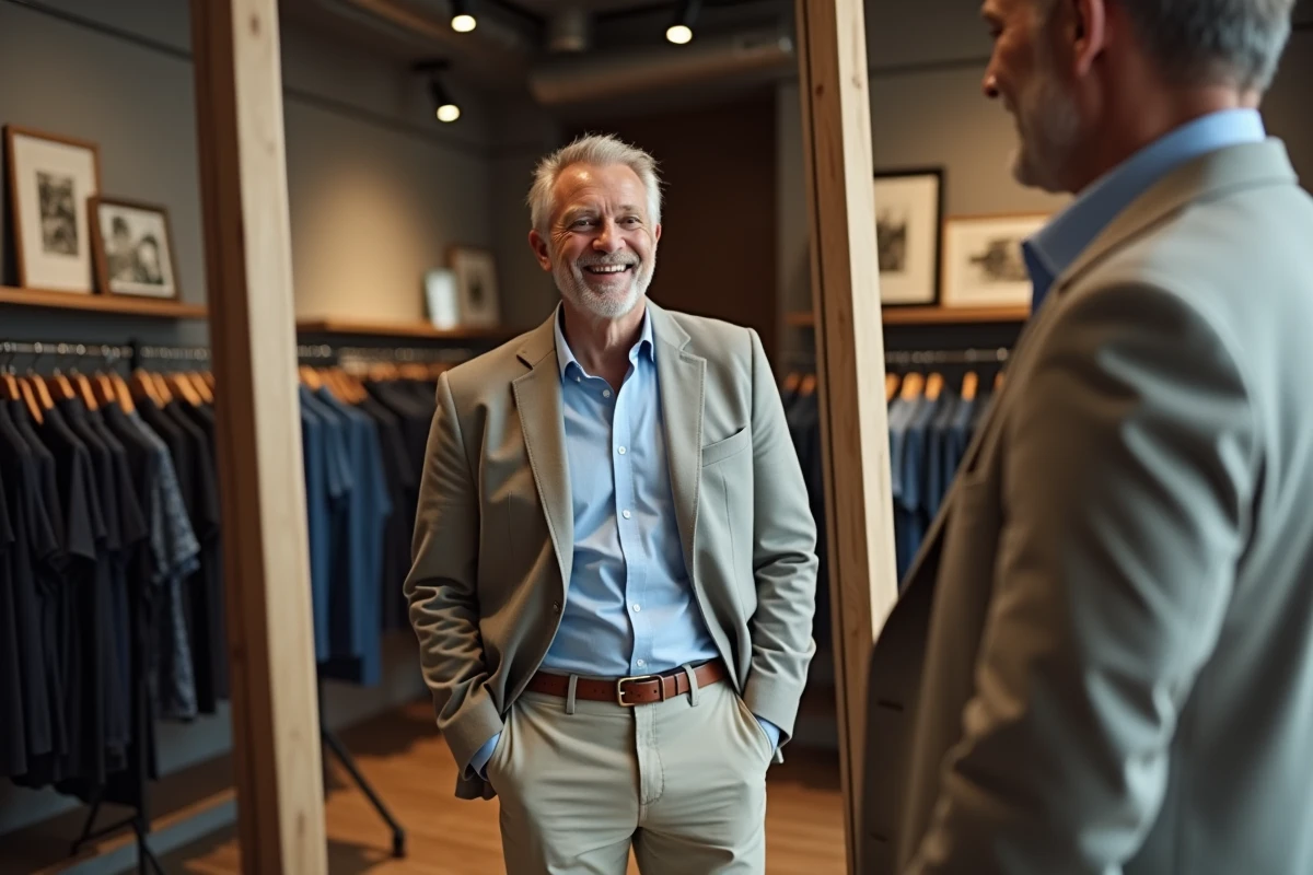 Homme confiant essayant une veste dans une boutique moderne