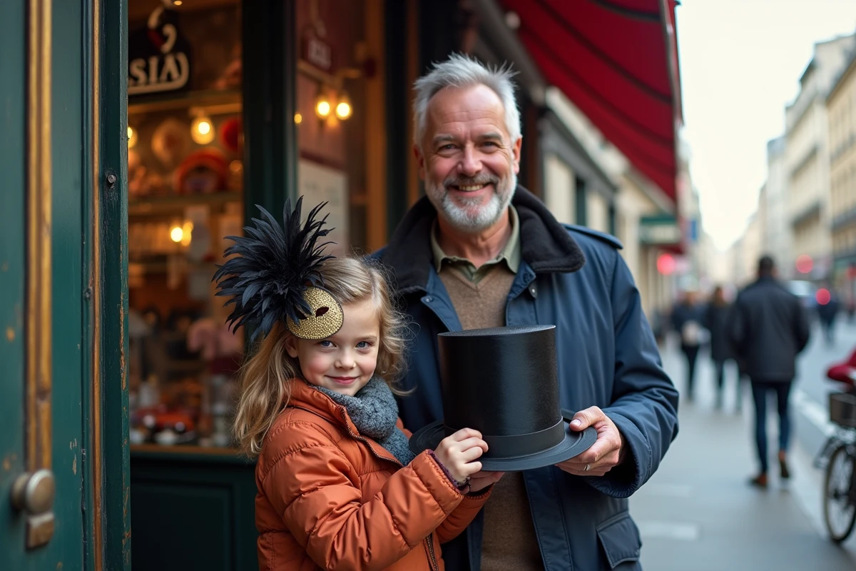 Homme et fille avec masques et chapeau devant boutique