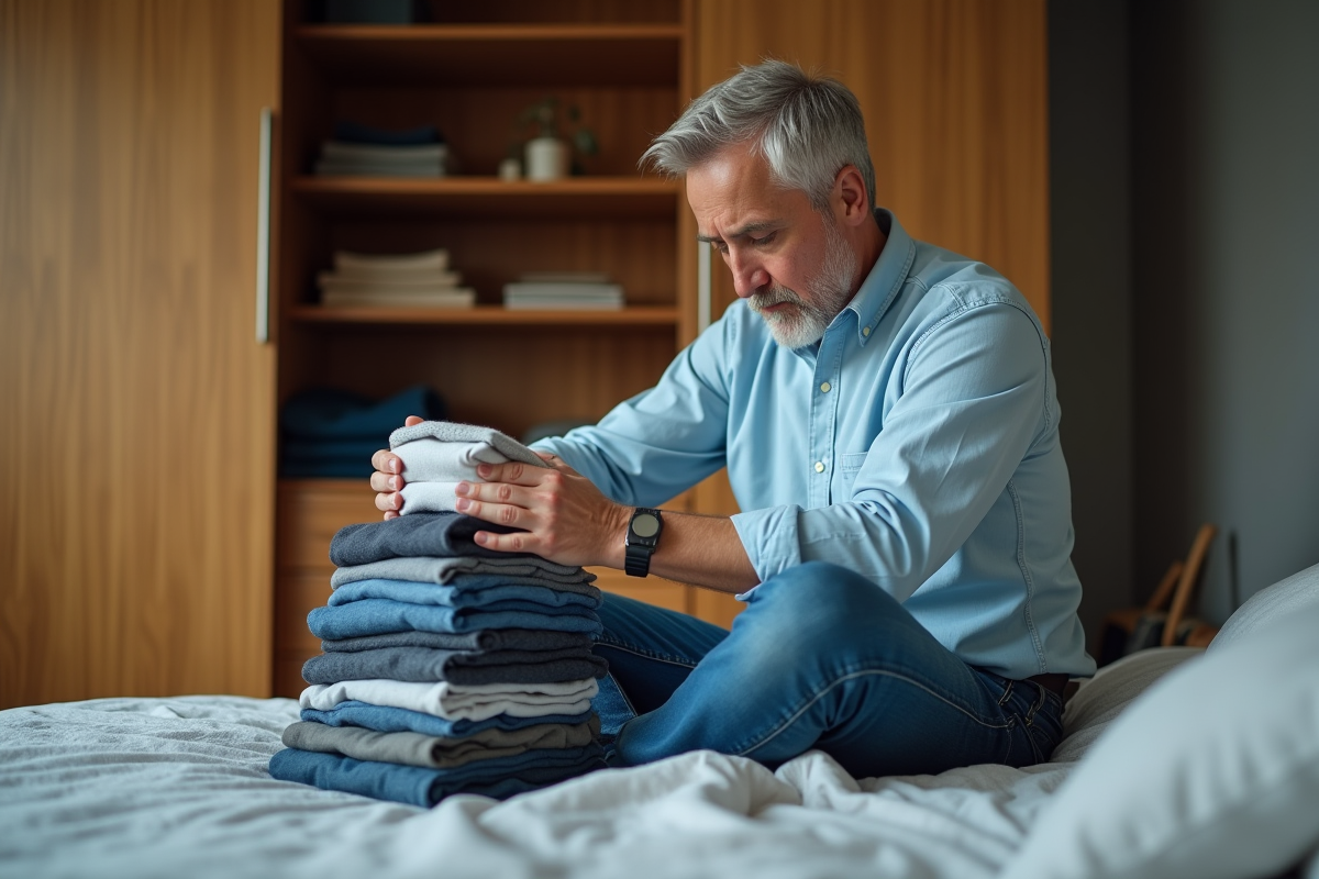 Homme pliant des vêtements dans une chambre chaleureuse et organisée