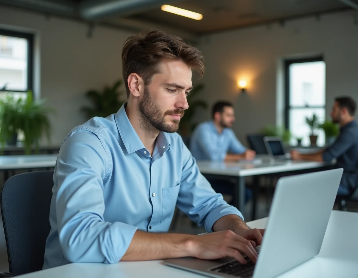 Homme gérant ses abonnements en ligne depuis un espace de coworking, vérifiant les prélèvements automatiques sur son ordinateur portable