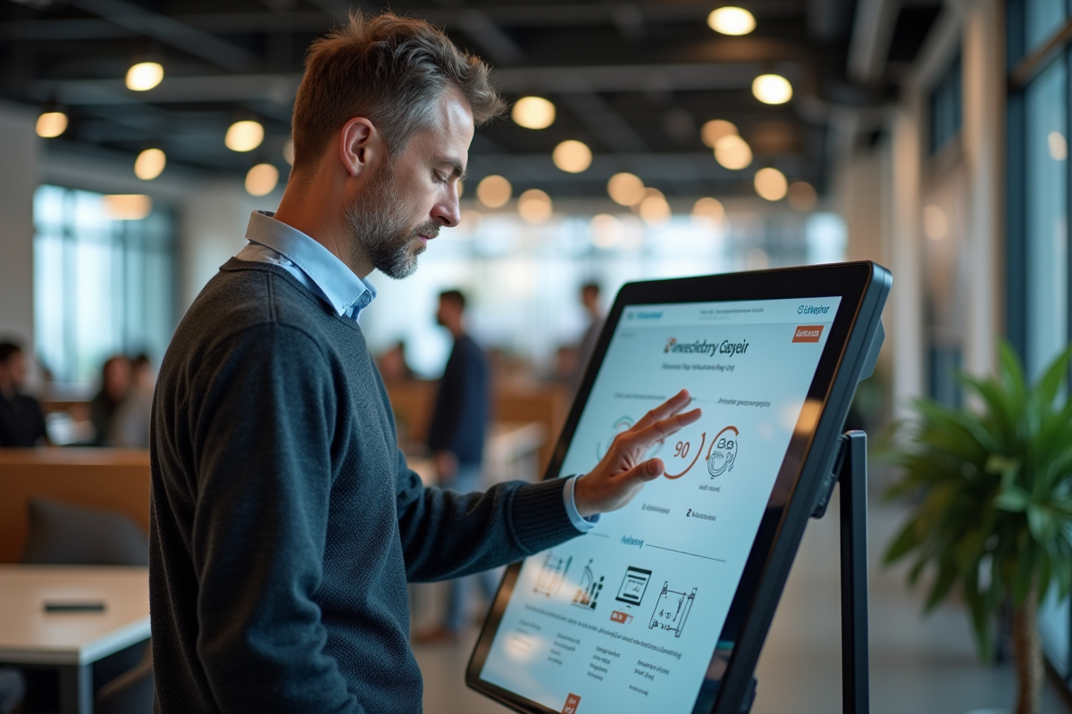 Homme d age moyen utilisant un kiosque dans un espace coworking
