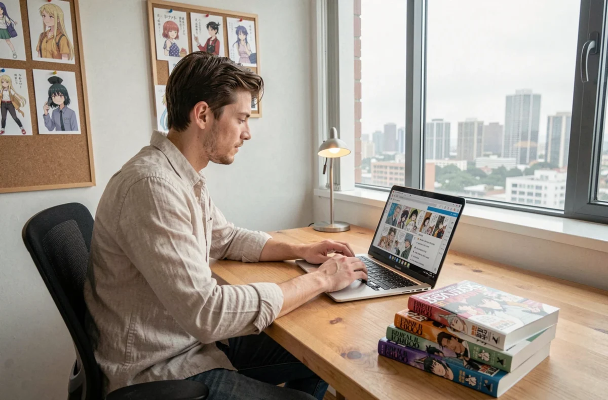 Homme adulte consultant un site de lecture de manga yaoi sur ordinateur portable dans un bureau minimaliste à domicile