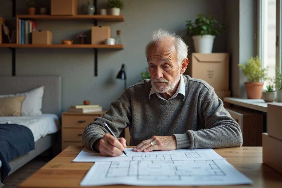 Homme âgé dessinant un plan dans une petite cuisine