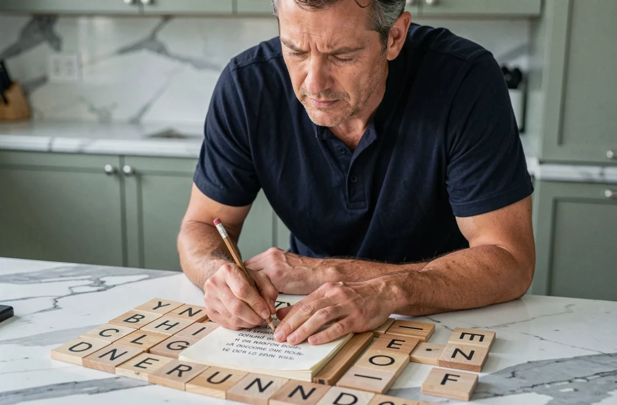 Homme organisant des lettres en bois sur une table pour trouver des mots selon une méthode logique